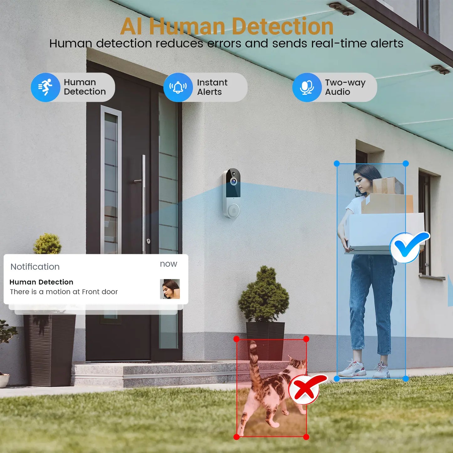 Doorbell Camera Wireless, Smart Wifi Video Doorbell, 1080P, Video Doorbell Camera with 2 Way Audio, AI Human Detection, Night Vision, Cloud Storage, Battery Powered, Easy Installation, 2.4G Wifi Only