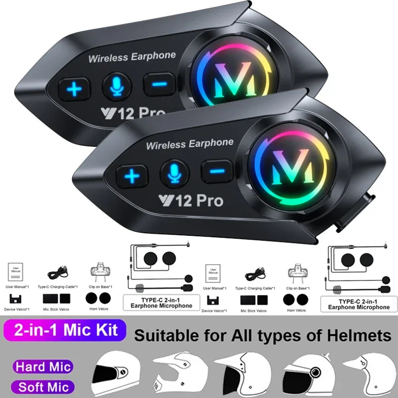 1/2X Music Interphone Bluetooth 5.3 Motorcycle Helmet Intercom Headset Waterproof 300M Intercomunicador Speaker Earphone
