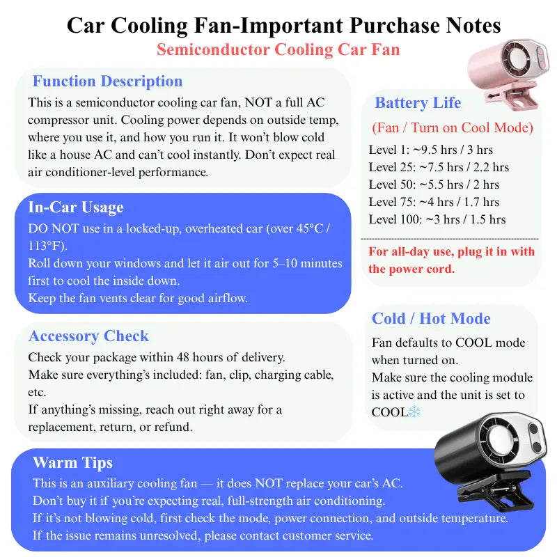 JOYTUTUS Semiconductor Cooling Clip-On Fan - Portable Clip Fan, Car Accessories, 360° Rotatable, 100-Speed Adjustable, USB Rechargeable, 3000Mah Battery, LED Display, Cool Tech Gadget, Cars Accessories